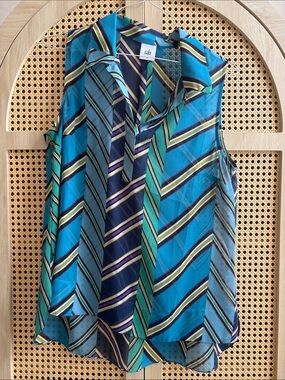 CAbi Ascot Sheer Navy and Green Chevron-Stripe Sleeveless Top